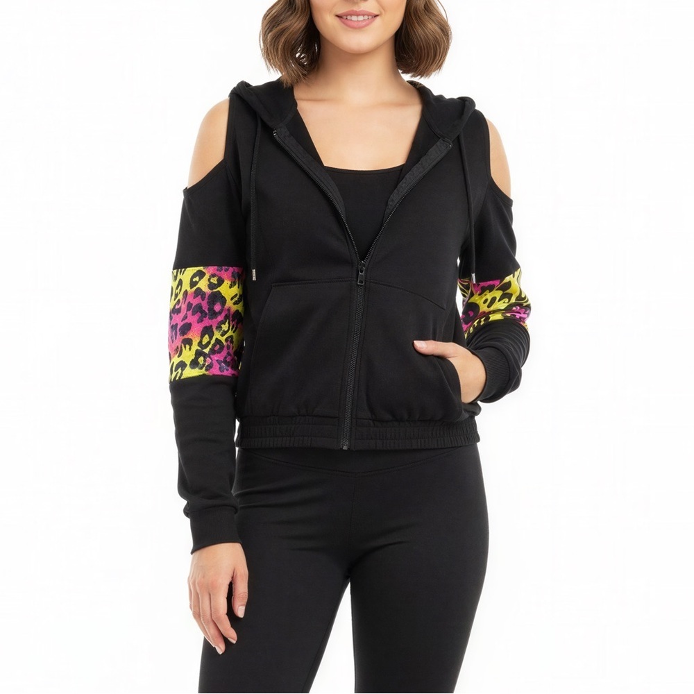 Kappa Open Shoulder Zip Jacket Leopard Neon Cropped Hoodie Black Large Cotton